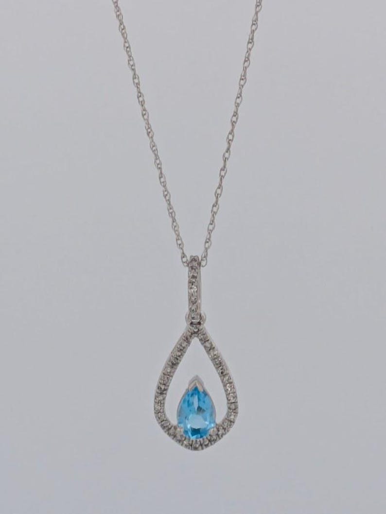 Joyce 10k White Gold Oval Swiss Blue Topaz Pendant Necklace| 1 Carat Blue Topaz with diamond Necklace| 18" chain