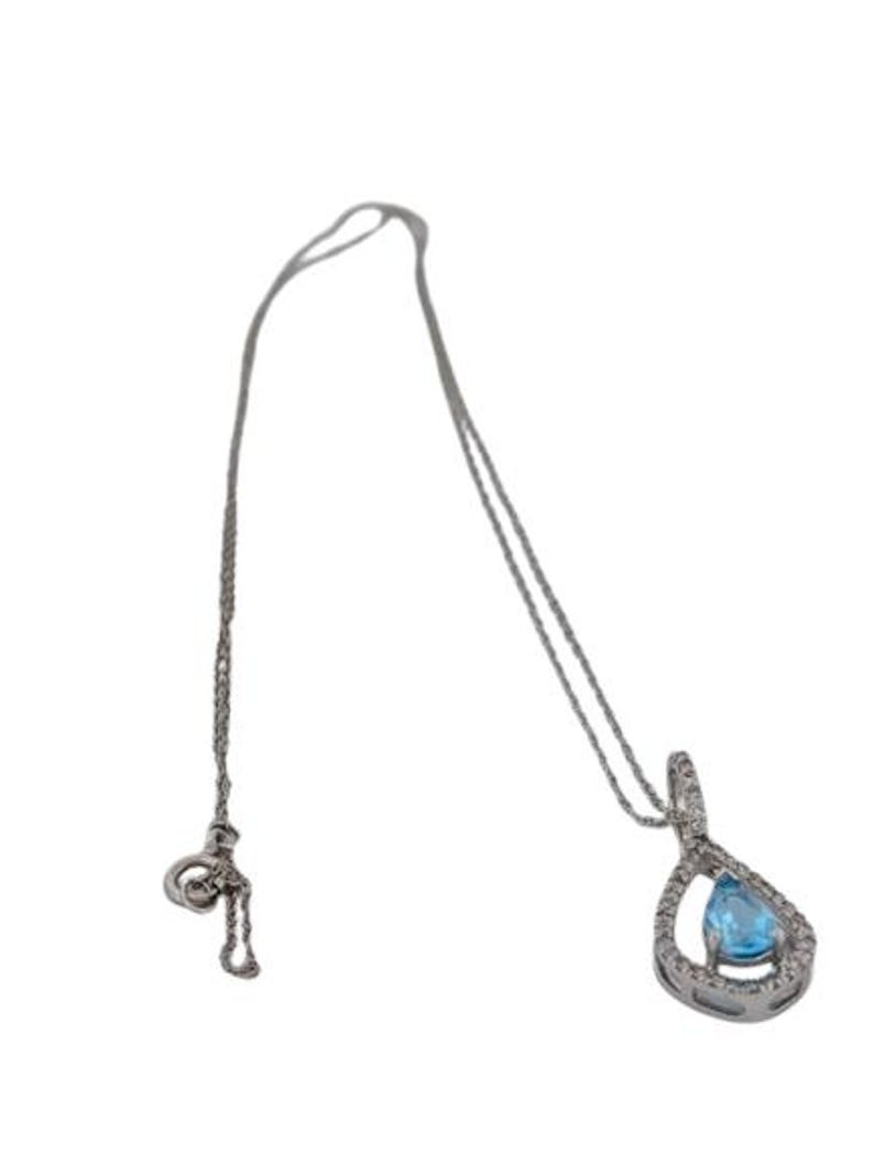 Joyce 10k White Gold Oval Swiss Blue Topaz Pendant Necklace| 1 Carat Blue Topaz with diamond Necklace| 18" chain