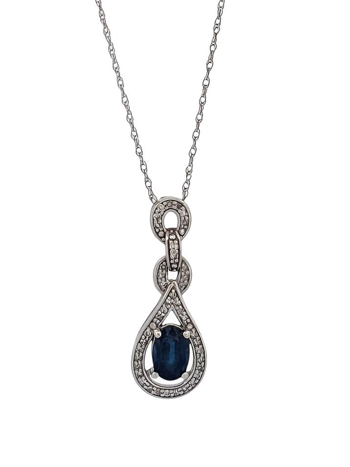 Henrietta Natural Blue Sapphire Pendant| .06 ctw Natural White Diamonds Necklace| Oval Cut Sapphire| 14K White Gold Pendant