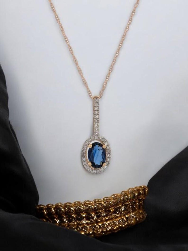 Imogene 1 Carat Natural Sapphire Pendent| 10k Yellow Gold Necklace| Sapphire Pendant Real Diamond Jewelry 18" chain