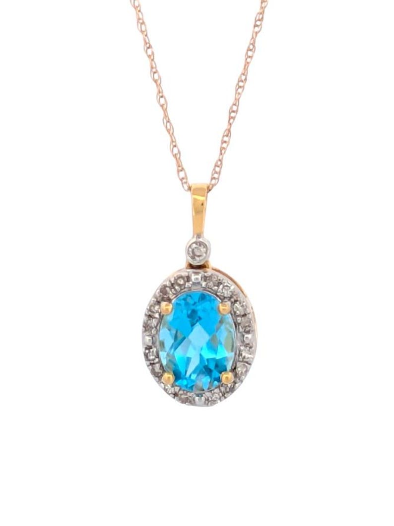 Iris | 10k Yellow Gold Necklace | 1.46 CTW Swiss Blue Topaz & Diamond Halo Pendant | 18" Oval Topaz Necklace