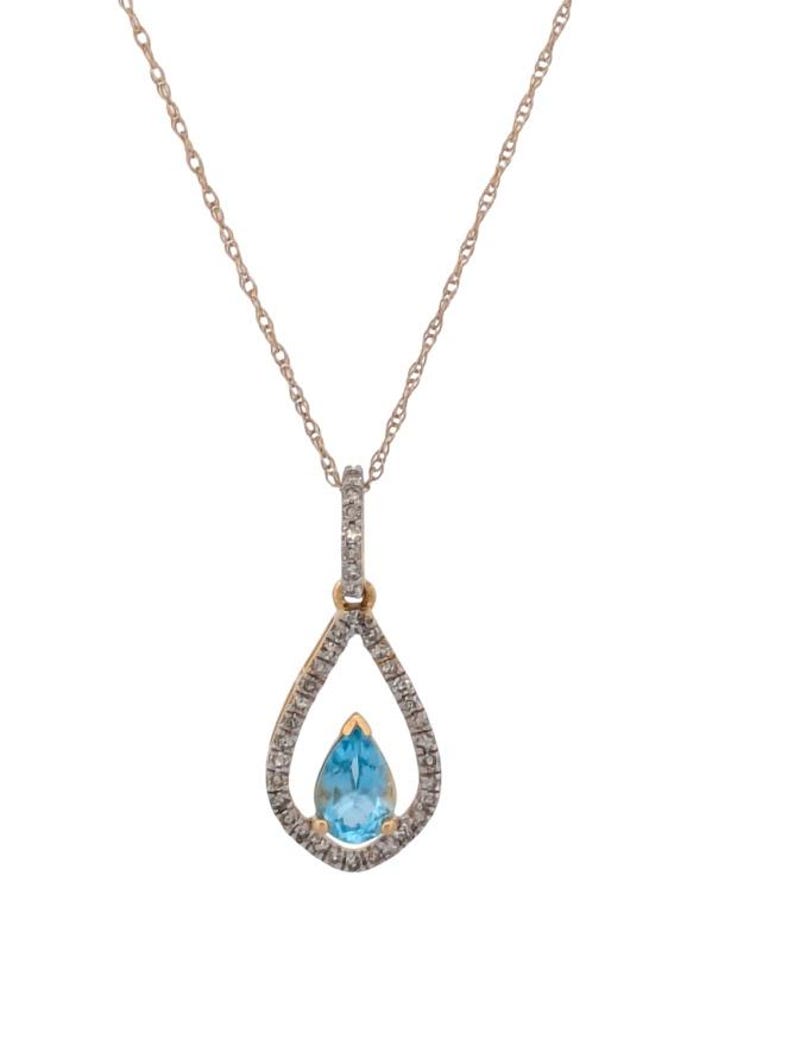 Joyce 10k White Gold Oval Swiss Blue Topaz Pendant Necklace| 1 Carat Blue Topaz with diamond Necklace| 18" chain