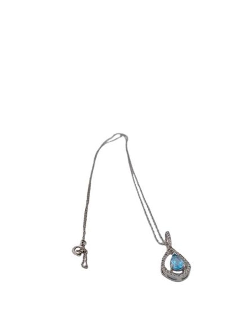 Joyce 10k White Gold Oval Swiss Blue Topaz Pendant Necklace| 1 Carat Blue Topaz with diamond Necklace| 18" chain