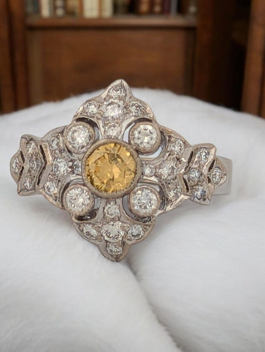 Shannon | Exquisite Antique 18k White Gold Ring with Stunning White & Yellow Diamonds, Vintage Engagement Ring, Elegant Jewelry, Size 5.5