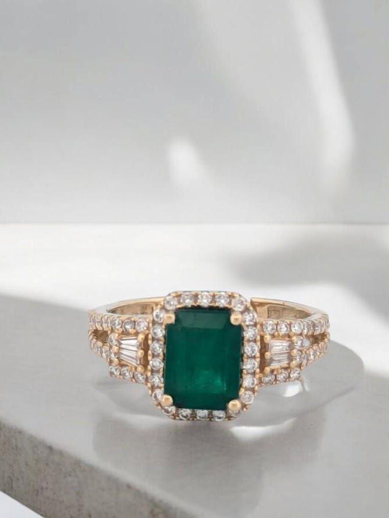 Autumn 14k Solid Yellow Gold Emerald  Ring| .58 Carats Natural Round Diamonds & 1.69 Carat Emerald Ring| Emerald Cut Green Emerald Ring