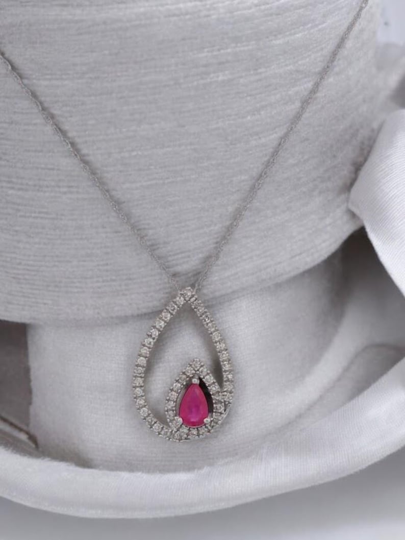 Camila | Pear-Shaped Ruby & Diamond Halo Necklace, 33 ctw Round Diamond Halo Pendent Necklace,  Oval Ruby and Natural Diamond Pendent 18