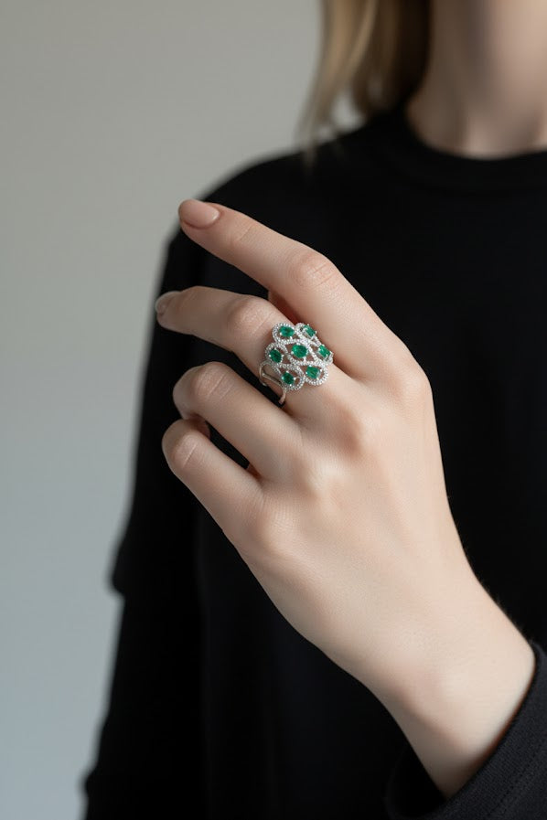 Elphie | 14k White Gold | Emerald and Diamond | Ring