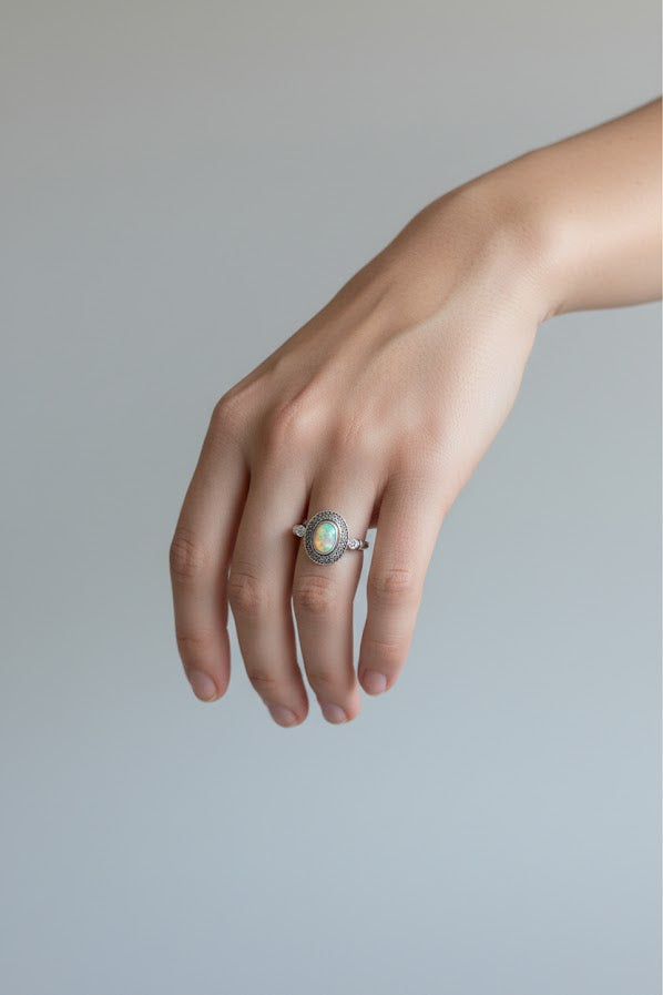 Pauline | 10k White Gold | Opal & Natural Diamond | Ring