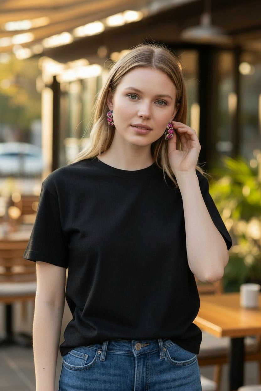 Jania | 14k Rose Gold | Pink Sapphire & Natural White & Black Diamonds | Earrings