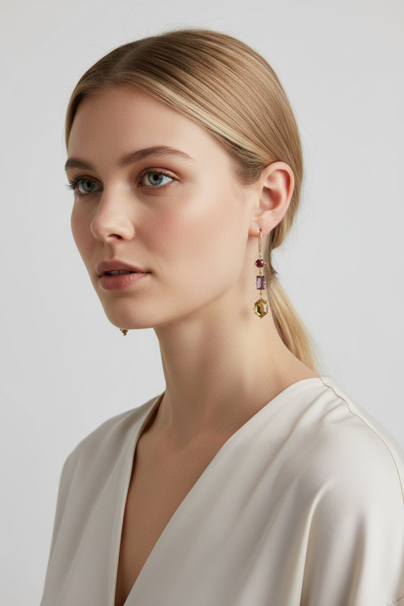 Amari | 14k Yellow Gold | Citrine, Tourmaline, & Ametrine | Earrings