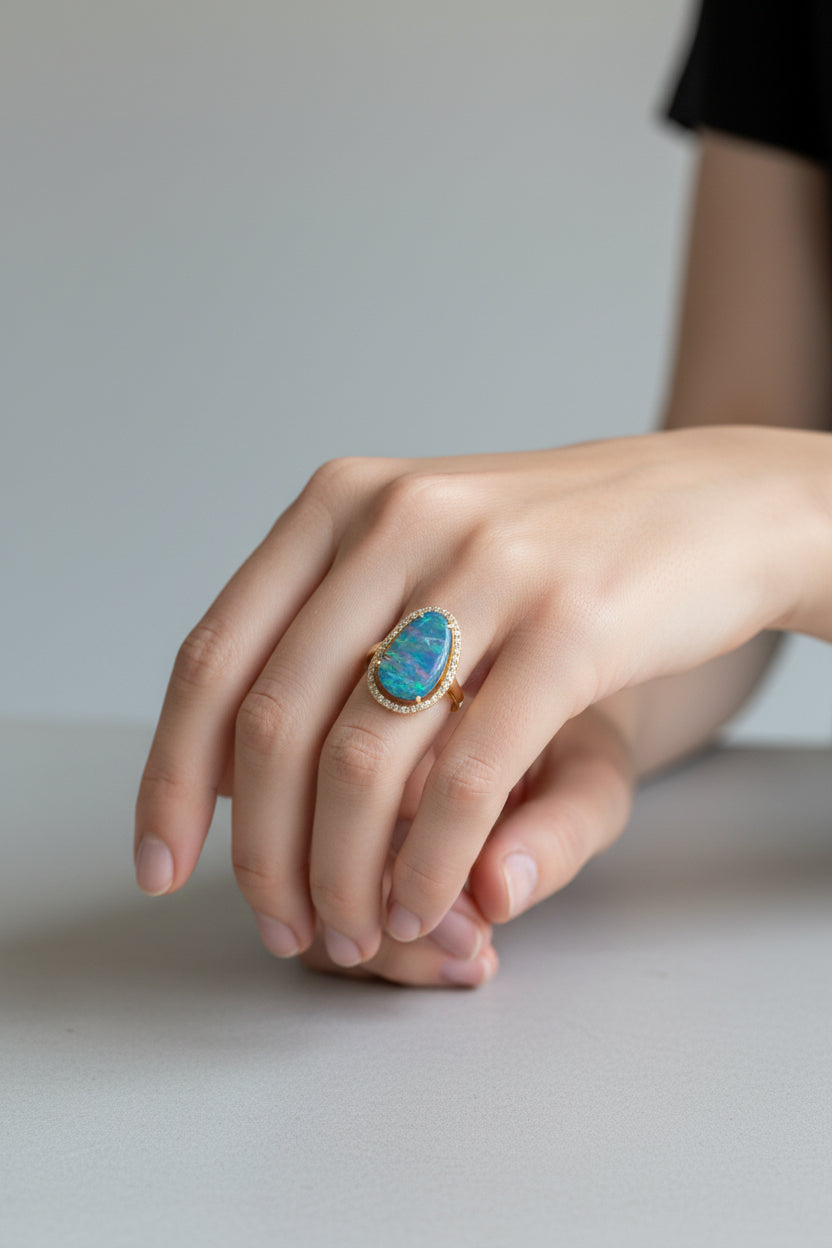 Ariya | 14k Yellow Gold | Opal & Natural Diamond | Ring