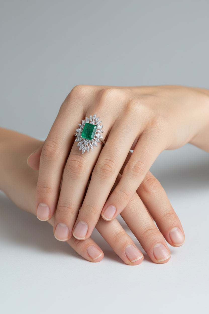 Eve | 14k White Gold | Emerald & Natural Diamond | Ring